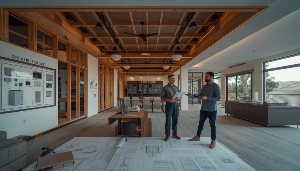 Male homeowner and male smart home consultant reviewing centralized automation plans while networking equipment, smart home controllers, security systems, and whole-home technology infrastructure are installed in a luxury new-build residence.