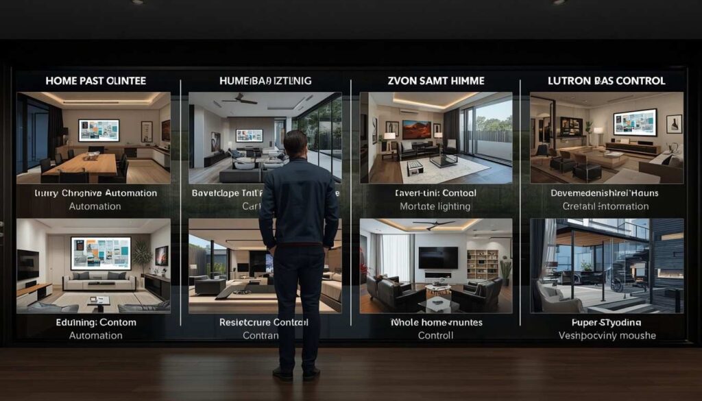 Male homeowner and male smart home systems designer comparing advanced home automation, lighting control, security, entertainment, and climate systems within a luxury modern smart home.