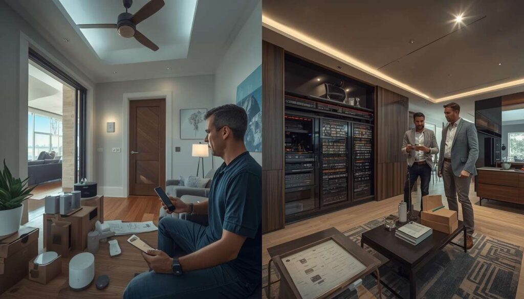 Side-by-side comparison of a DIY smart home and a professionally integrated smart home featuring male homeowners, advanced automation systems, lighting controls, security technology, and home networking infrastructure.