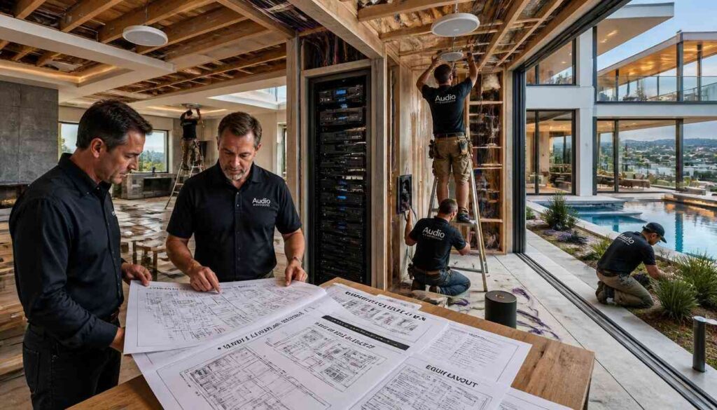 Male homeowner and male AV systems engineer reviewing whole-home audio distribution plans while architectural speakers, multi-zone audio wiring, and centralized entertainment infrastructure are installed in a luxury smart home under construction.