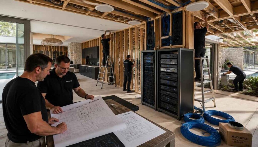 Male homeowner and male smart home systems architect reviewing a connected smart home ecosystem featuring smart lighting, security, climate control, networking equipment, and advanced home automation infrastructure.