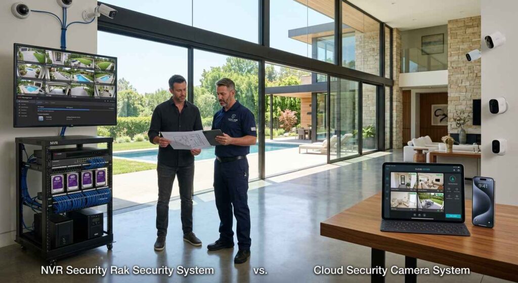 Side-by-side comparison of NVR and cloud security camera systems with male homeowners and security specialists reviewing surveillance infrastructure, camera networks, and smart home security technology in a luxury residence.