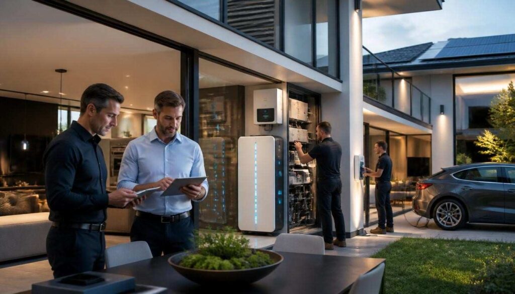 Male homeowner and male smart home consultant reviewing AI-powered automation, energy management, security, lighting, and smart home technologies inside a luxury 2026 smart home.