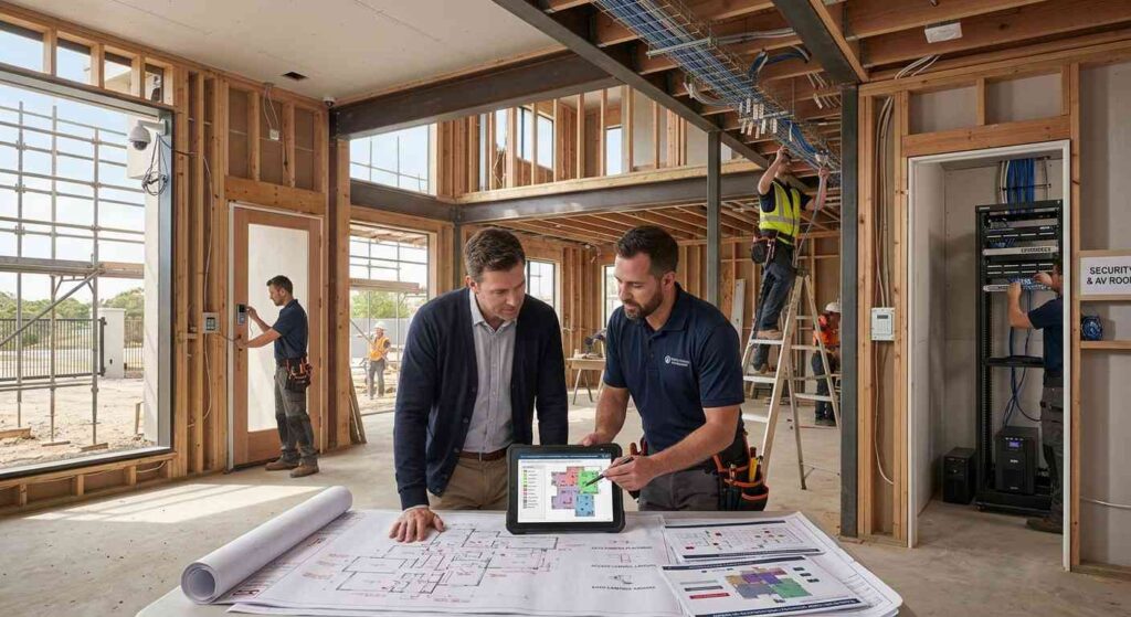 Male homeowner and male smart security consultant reviewing whole-home security plans while cameras, access control systems, alarm sensors, and surveillance infrastructure are installed during luxury home construction.