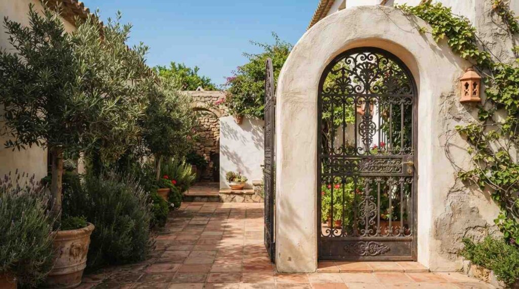 Mediterranean-style home entry with a stucco archway, ornate wrought iron gate, terracotta tile pathway, and lush garden landscaping.