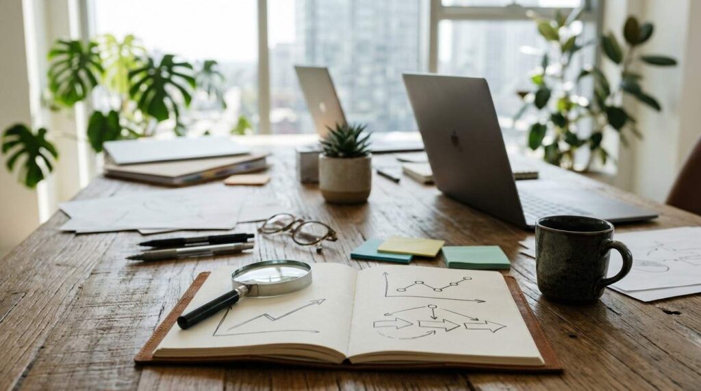 Business strategy planning with charts, notebook, and laptop on an office desk.