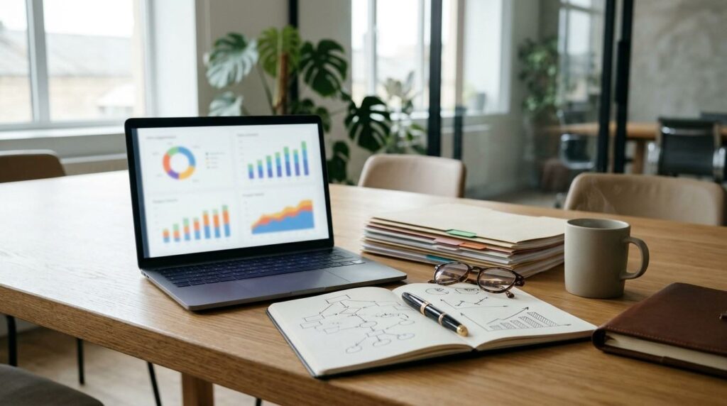 Business analytics and strategic planning with laptop charts, reports, and an open notebook on a desk.