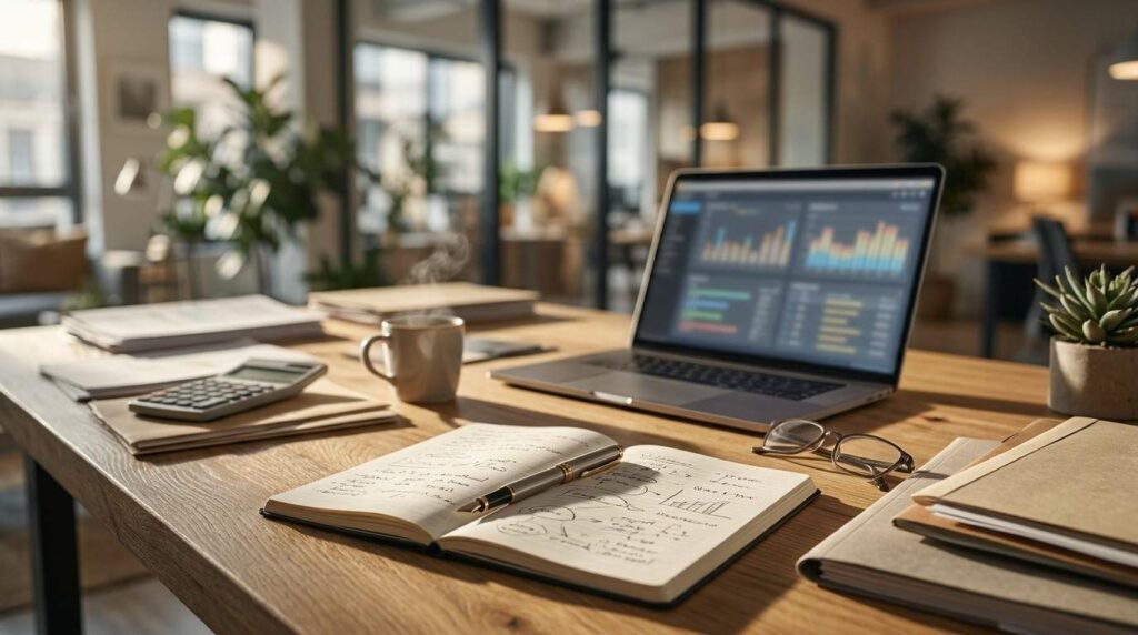 Business performance analysis with laptop dashboard, financial reports, calculator, and planning notebook.