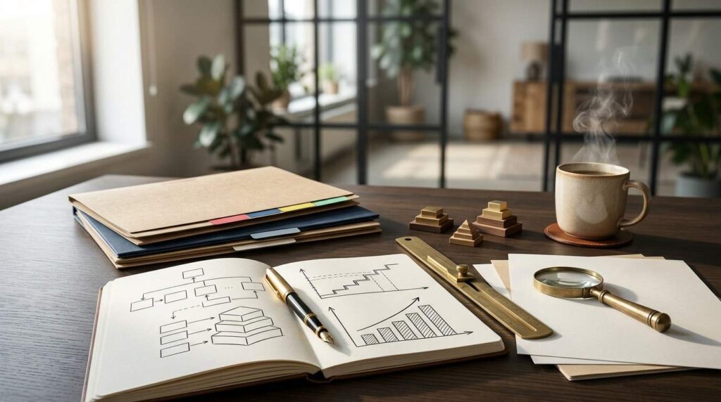 Business strategy planning with charts, workflow diagrams, and financial analysis on a desk.